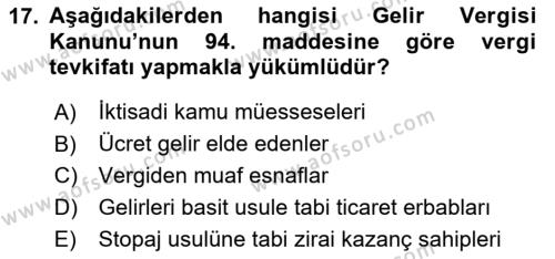 Türk Vergi Sistemi Dersi 2024 - 2025 Yılı (Vize) Ara Sınavı 17. Soru