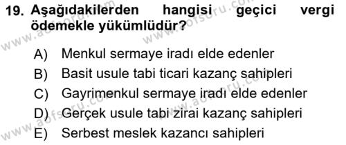 Türk Vergi Sistemi Dersi 2024 - 2025 Yılı (Vize) Ara Sınavı 19. Soru