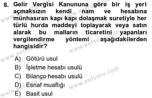 Türk Vergi Sistemi Dersi 2024 - 2025 Yılı (Vize) Ara Sınavı 8. Soru