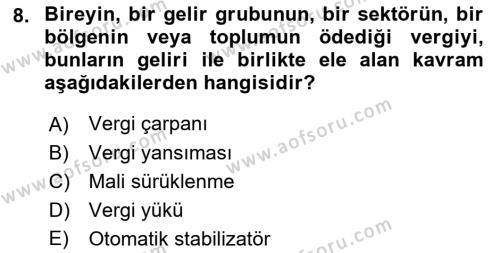 Vergi Teorisi Dersi 2021 - 2022 Yılı (Final) Dönem Sonu Sınavı 8. Soru