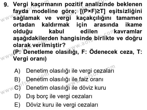 Vergi Teorisi Dersi 2021 - 2022 Yılı Yaz Okulu Sınavı 9. Soru