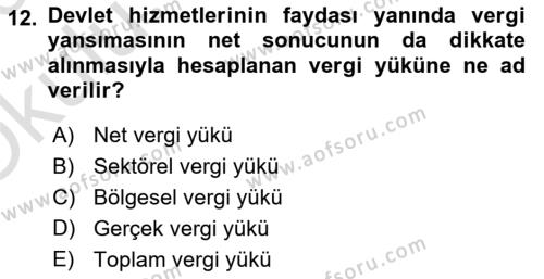 Vergi Teorisi Dersi 2022 - 2023 Yılı Yaz Okulu Sınavı 12. Soru