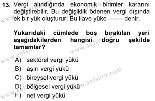 Vergi Teorisi Dersi 2022 - 2023 Yılı Yaz Okulu Sınavı 13. Soru