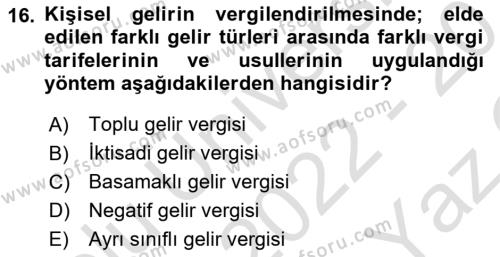 Vergi Teorisi Dersi 2022 - 2023 Yılı Yaz Okulu Sınavı 16. Soru