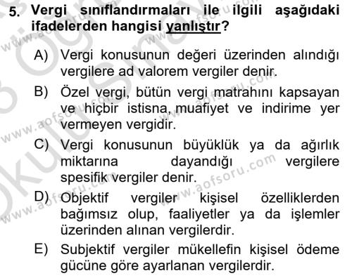 Vergi Teorisi Dersi 2022 - 2023 Yılı Yaz Okulu Sınavı 5. Soru