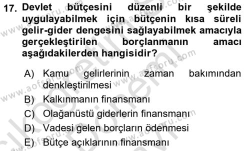 Kamu Maliyesi Dersi 2021 - 2022 Yılı (Final) Dönem Sonu Sınavı 17. Soru