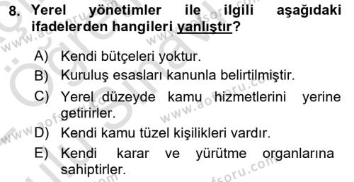 Kamu Maliyesi Dersi 2021 - 2022 Yılı Yaz Okulu Sınavı 8. Soru