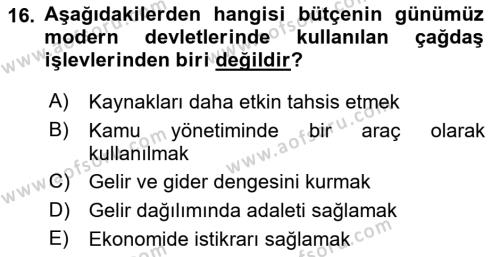 Kamu Maliyesi Dersi 2023 - 2024 Yılı (Final) Dönem Sonu Sınavı 16. Soru