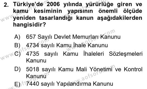 Kamu Maliyesi Dersi 2023 - 2024 Yılı (Final) Dönem Sonu Sınavı 2. Soru