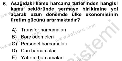 Kamu Maliyesi Dersi 2023 - 2024 Yılı (Final) Dönem Sonu Sınavı 6. Soru