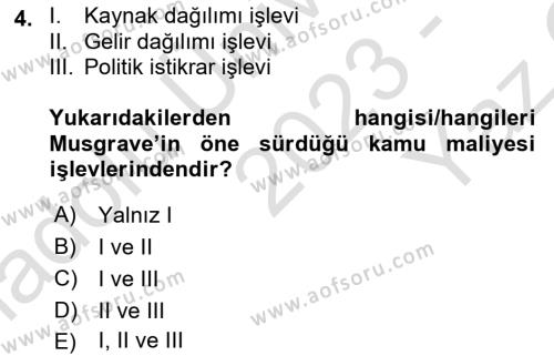 Kamu Maliyesi Dersi 2023 - 2024 Yılı Yaz Okulu Sınavı 4. Soru