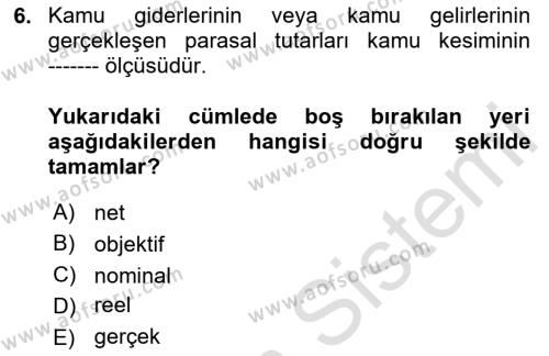 Kamu Maliyesi Dersi 2023 - 2024 Yılı Yaz Okulu Sınavı 6. Soru