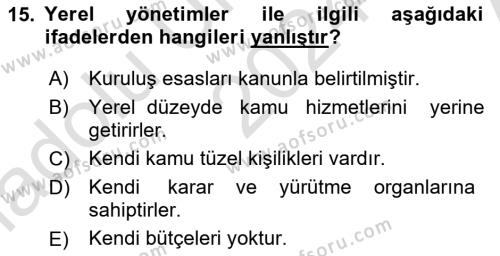 Kamu Maliyesi Dersi 2024 - 2025 Yılı (Vize) Ara Sınavı 15. Soru