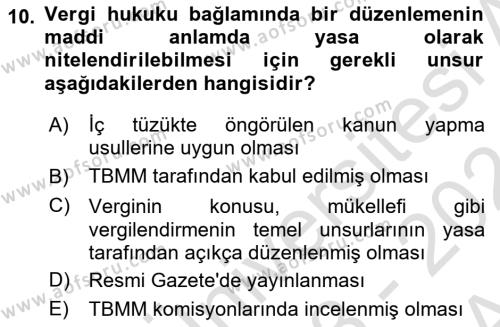 Genel Vergi Hukuku Dersi 2023 - 2024 Yılı (Vize) Ara Sınavı 10. Soru