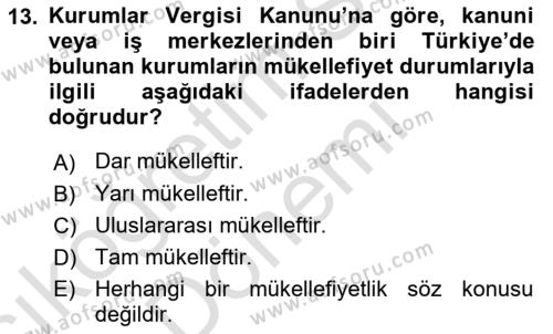 Genel Vergi Hukuku Dersi 2023 - 2024 Yılı (Vize) Ara Sınavı 13. Soru