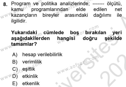 Devlet Bütçesi Dersi 2023 - 2024 Yılı (Final) Dönem Sonu Sınavı 8. Soru