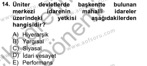 Mahalli İdareler Maliyesi Dersi 2012 - 2013 Yılı (Vize) Ara Sınavı 14. Soru