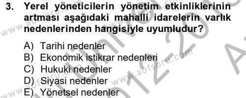 Mahalli İdareler Maliyesi Dersi 2012 - 2013 Yılı (Vize) Ara Sınavı 3. Soru