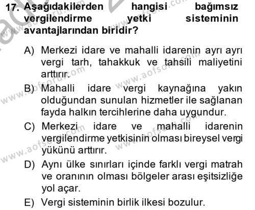 Mahalli İdareler Maliyesi Dersi 2013 - 2014 Yılı (Vize) Ara Sınavı 17. Soru