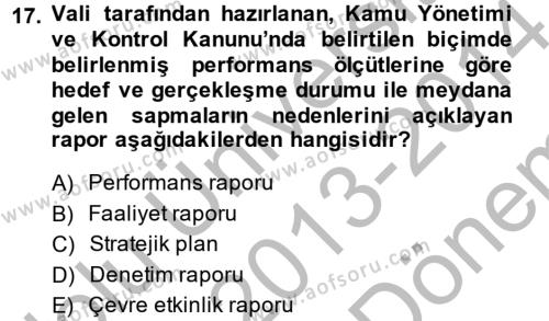 Mahalli İdareler Maliyesi Dersi 2013 - 2014 Yılı (Final) Dönem Sonu Sınavı 17. Soru