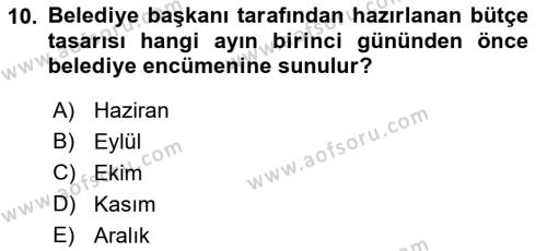 Mahalli İdareler Maliyesi Dersi 2018 - 2019 Yılı 3 Ders Sınavı 10. Soru