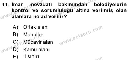 Mahalli İdareler Maliyesi Dersi 2018 - 2019 Yılı 3 Ders Sınavı 11. Soru