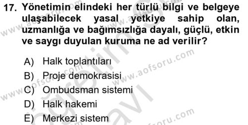 Mahalli İdareler Maliyesi Dersi 2018 - 2019 Yılı 3 Ders Sınavı 17. Soru