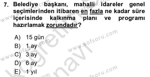 Mahalli İdareler Maliyesi Dersi 2018 - 2019 Yılı 3 Ders Sınavı 7. Soru