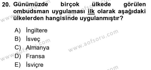 Mahalli İdareler Maliyesi Dersi 2018 - 2019 Yılı Yaz Okulu Sınavı 20. Soru