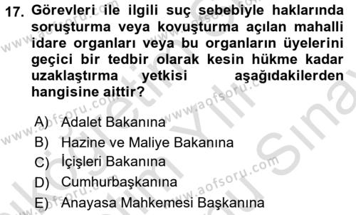 Mahalli İdareler Maliyesi Dersi 2021 - 2022 Yılı (Final) Dönem Sonu Sınavı 17. Soru