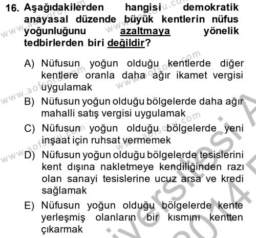 Mahalli İdareler Maliyesi Dersi 2013 - 2014 Yılı (Vize) Ara Sınavı 16. Soru