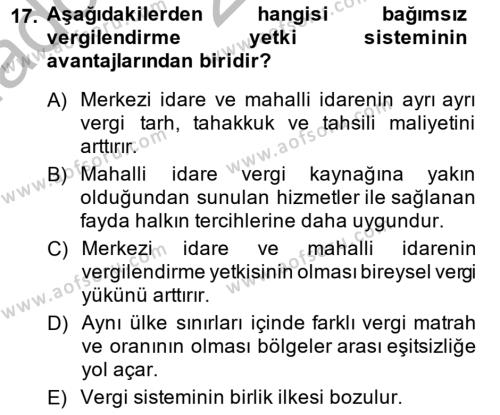Mahalli İdareler Maliyesi Dersi 2013 - 2014 Yılı (Vize) Ara Sınavı 17. Soru