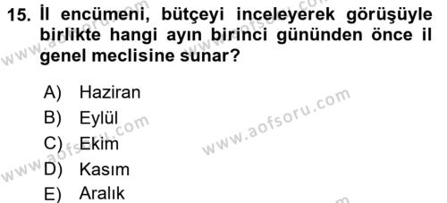 Mahalli İdareler Maliyesi Dersi 2017 - 2018 Yılı (Final) Dönem Sonu Sınavı 15. Soru