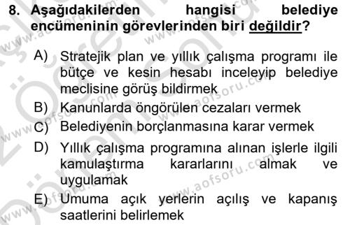 Mahalli İdareler Maliyesi Dersi 2021 - 2022 Yılı (Final) Dönem Sonu Sınavı 8. Soru