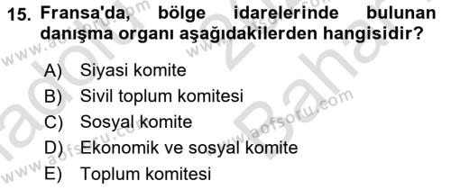 Mahalli İdareler Maliyesi Dersi 2023 - 2024 Yılı (Vize) Ara Sınavı 15. Soru