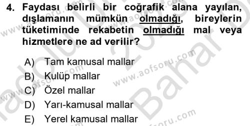 Mahalli İdareler Maliyesi Dersi 2023 - 2024 Yılı (Vize) Ara Sınavı 4. Soru