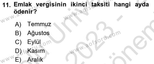 Mahalli İdareler Maliyesi Dersi 2023 - 2024 Yılı (Final) Dönem Sonu Sınavı 11. Soru