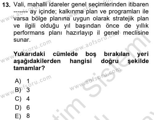 Mahalli İdareler Maliyesi Dersi 2023 - 2024 Yılı (Final) Dönem Sonu Sınavı 13. Soru