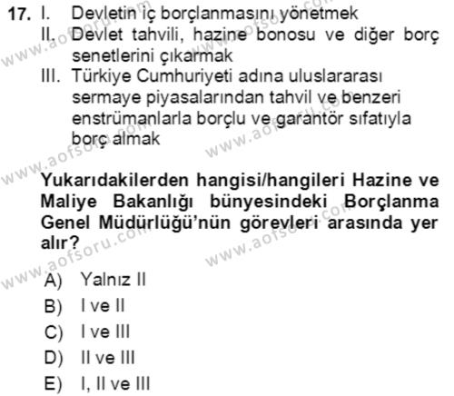 Devlet Borçları Dersi 2021 - 2022 Yılı Yaz Okulu Sınavı 17. Soru