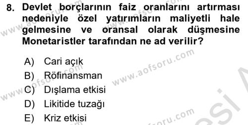 Devlet Borçları Dersi 2022 - 2023 Yılı (Vize) Ara Sınavı 8. Soru