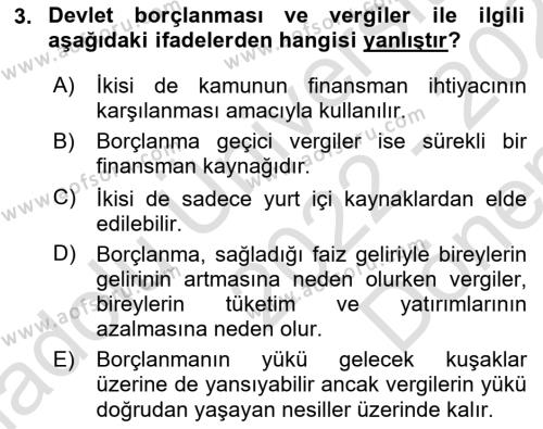 Devlet Borçları Dersi 2022 - 2023 Yılı (Final) Dönem Sonu Sınavı 3. Soru