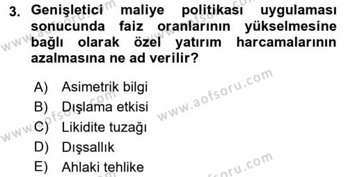 Maliye Politikası Dersi 2020 - 2021 Yılı Yaz Okulu Sınavı 3. Soru