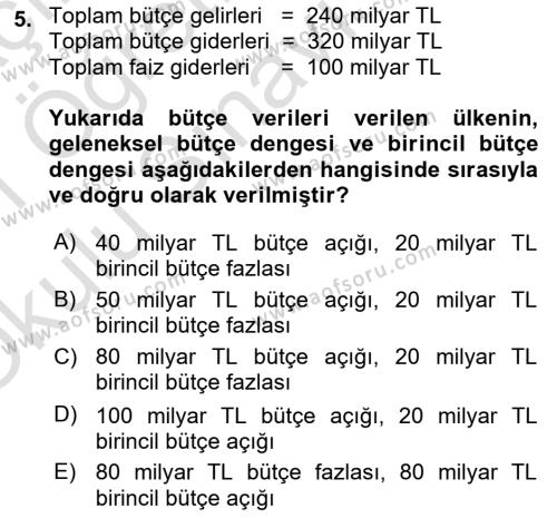 Maliye Politikası Dersi 2020 - 2021 Yılı Yaz Okulu Sınavı 5. Soru