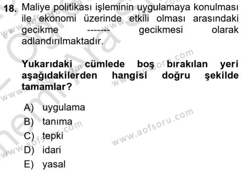 Maliye Politikası Dersi 2021 - 2022 Yılı (Vize) Ara Sınavı 18. Soru