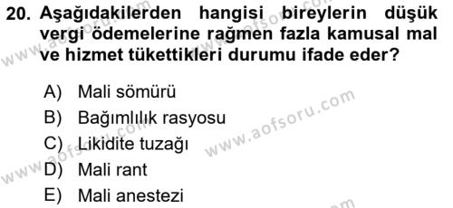 Maliye Politikası Dersi 2021 - 2022 Yılı (Final) Dönem Sonu Sınavı 20. Soru
