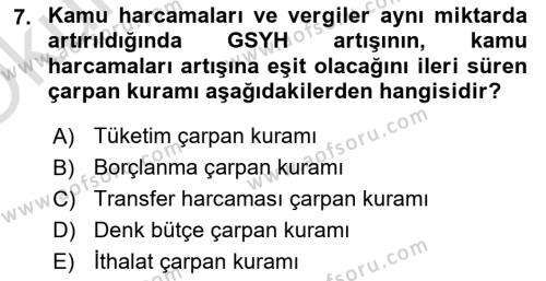 Maliye Politikası Dersi 2021 - 2022 Yılı Yaz Okulu Sınavı 7. Soru