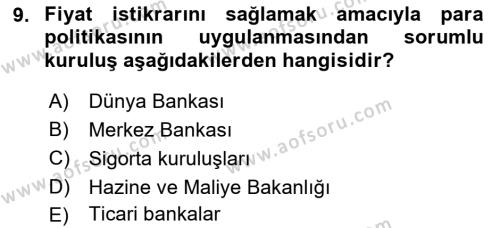 Maliye Politikası Dersi 2021 - 2022 Yılı Yaz Okulu Sınavı 9. Soru