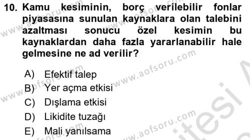 Maliye Politikası Dersi 2022 - 2023 Yılı Yaz Okulu Sınavı 10. Soru