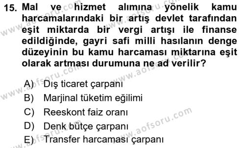 Maliye Politikası Dersi 2023 - 2024 Yılı (Vize) Ara Sınavı 15. Soru