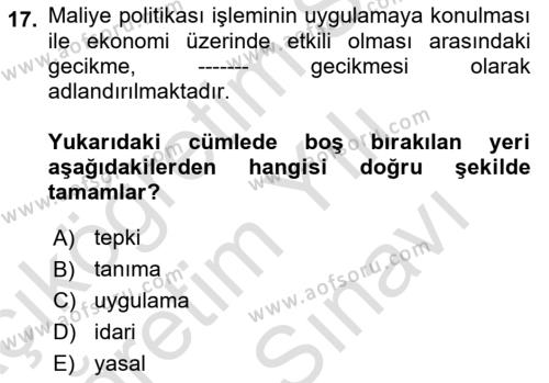 Maliye Politikası Dersi 2023 - 2024 Yılı (Vize) Ara Sınavı 17. Soru